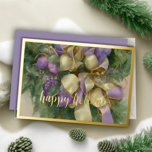 Ornaments Satin Ribbon Evergreen Lavender Gold Foil Holiday Card