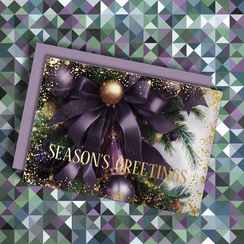 Ornaments Satin Ribbon Evergreen Purple Gold Foil Holiday Card