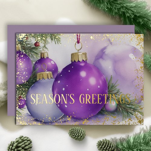 Ornaments Satin Ribbon Evergreen Purple Gold Foil Holiday Card