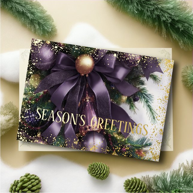 Ornaments Satin Ribbon Evergreen Purple Gold Holiday Card (Creator Uploaded)