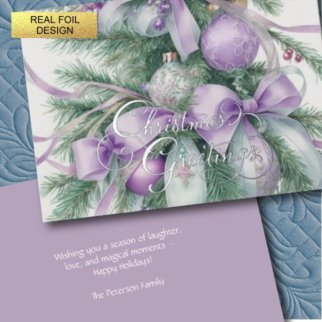 Ornaments Satin Ribbon Evergreen Purple Green Foil Holiday Card (Creator Uploaded)