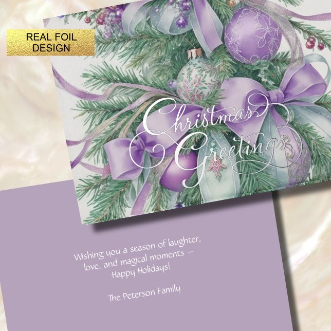 Ornaments Satin Ribbon Evergreen Purple Green Foil Holiday Card (Creator Uploaded)
