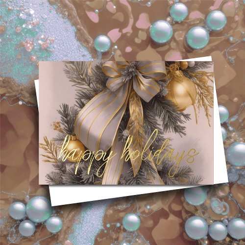 Ornaments Satin Ribbon Flocked Evergreen Gray Gold Foil Holiday Card