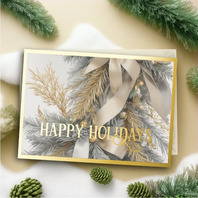 Ornaments Satin Ribbon Flocked Evergreen Gray Gold Holiday Card (Creator Uploaded)