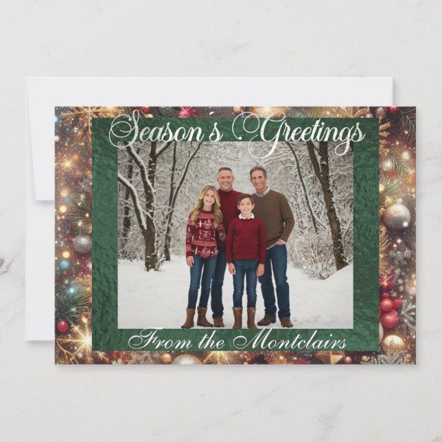 Ornaments, Silver Script & Framed Photo - Green Holiday Card (Front)