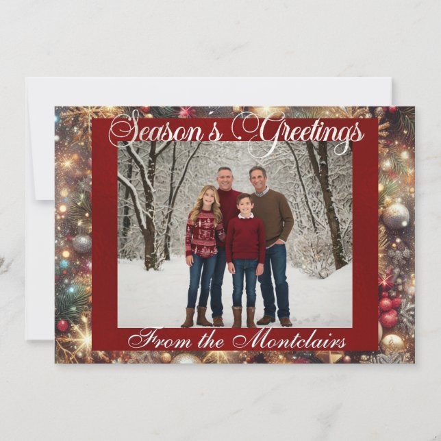 Ornaments, Silver Script & Framed Photo - Red Holiday Card (Front)