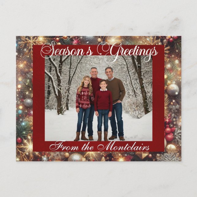 Ornaments, Silver Script & Framed Photo - Red Holiday Postcard (Front)