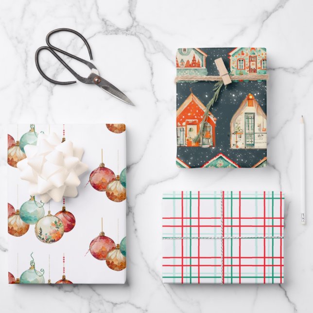 Ornaments, Snowy Houses and Christmas Plaid  Wrapping Paper Sheets (Front)