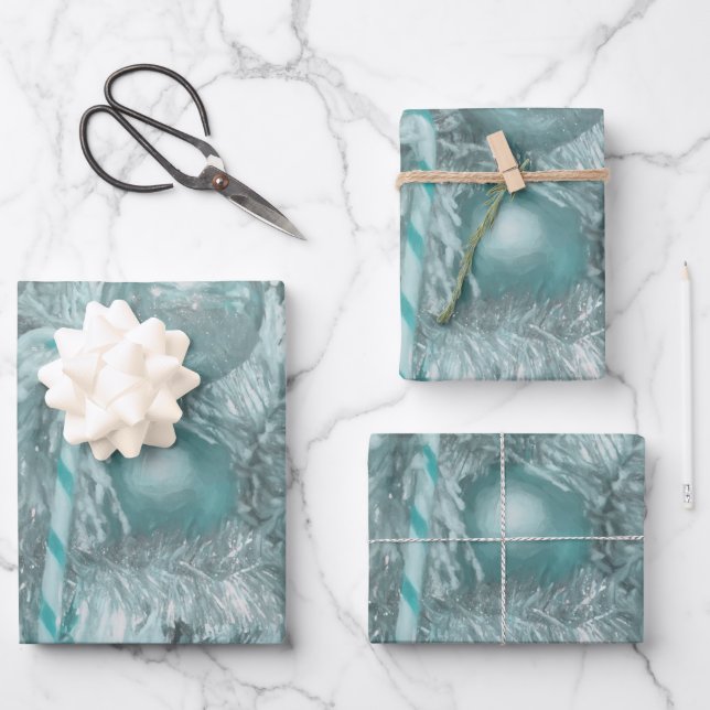 Ornaments Teal Green Christmas Holiday Tree Wrapping Paper Sheets (Front)