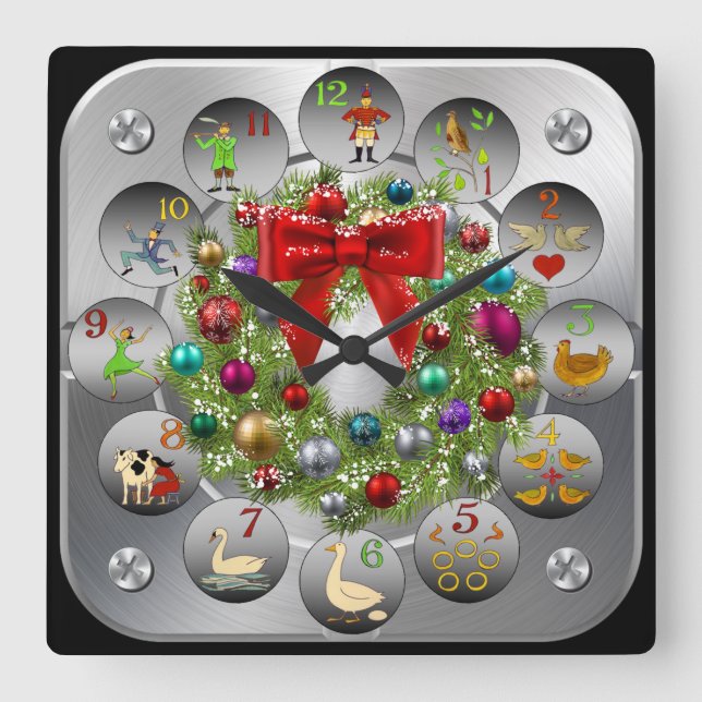 Ornaments Wreath ~ The 12 Days Of Christmas Square Wall Clock (Front)