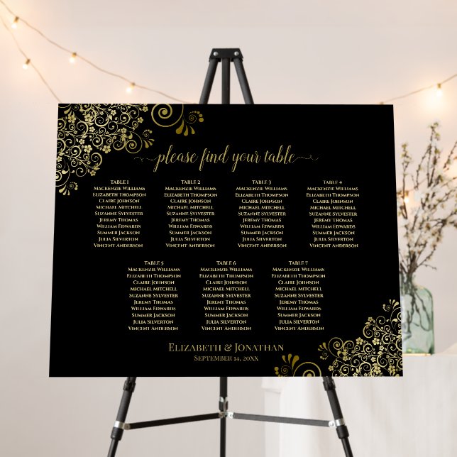 Ornate 7 Table Black & Gold Wedding Seating Chart Foam Board (In Situ (Stand))