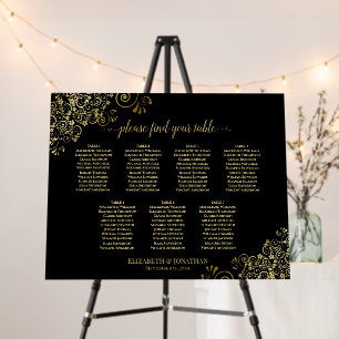 Ornate 7 Table Black & Gold Wedding Seating Chart Foam Board