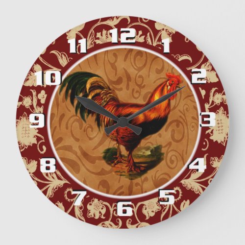 Ornate and Elegant Rustic Country Rooster Large Clock