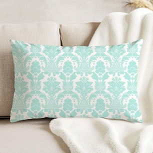 Ornate Antique Damask Pattern Aqua on White Accent Pillow