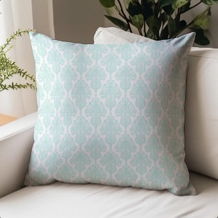 Ornate Antique Damask Pattern Aqua on White Throw Pillow