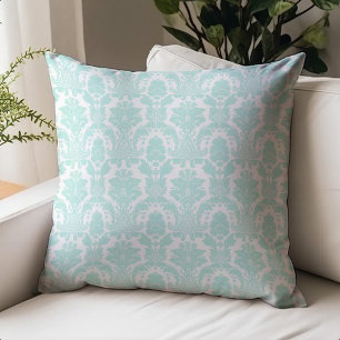 Ornate Antique Damask Pattern Aqua on White Throw Pillow