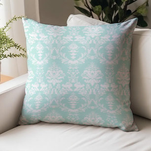 Ornate Antique Damask Pattern White on Aqua Throw Pillow