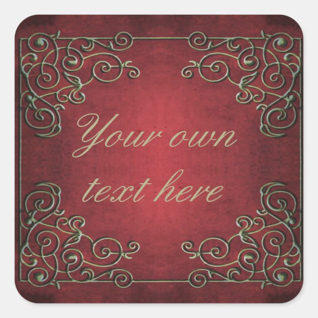 Ornate Antique Red and Gold Custom Text Square Sticker (Front)