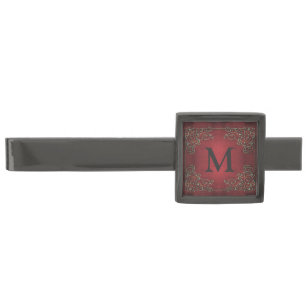 Ornate Antique Red and Gold Monogram Gunmetal Finish Tie Bar