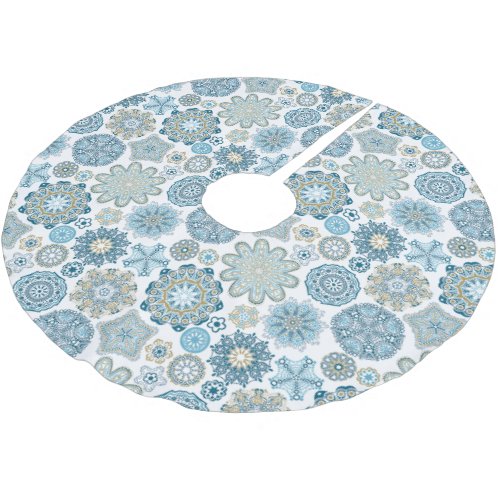 Ornate Aqua Teal Blue Flower Snow Flakes Pattern Brushed Polyester Tree Skirt