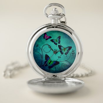 Ornate Aquamarine And Jewel Butterflies Pocket Watch by LouiseBDesigns at Zazzle