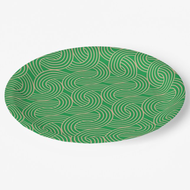 Ornate art deco green and gold paper plates (Angled)