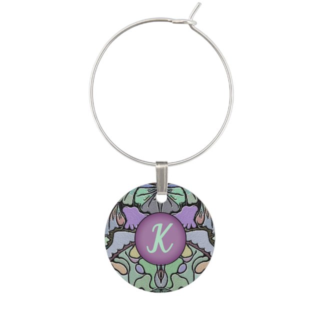 Ornate Art Deco Pattern Monogram Wine Charm (Front)
