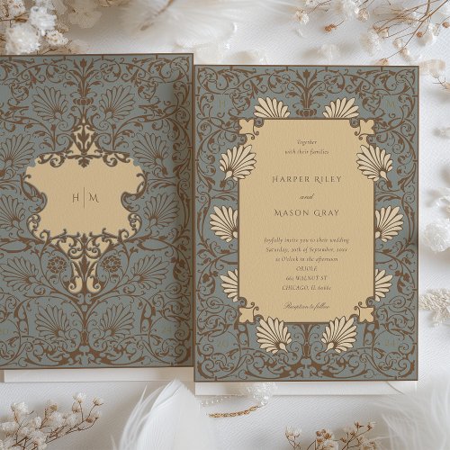 Ornate Baroque Classic Sage and Beige Wedding Invitation
