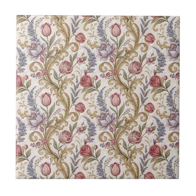 Ornate Baroque Floral Damask Design Pattern Art Ceramic Tile (Front)