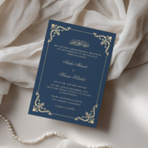 Ornate Baroque Frame Navy Blue Nikah Ceremony Invitation