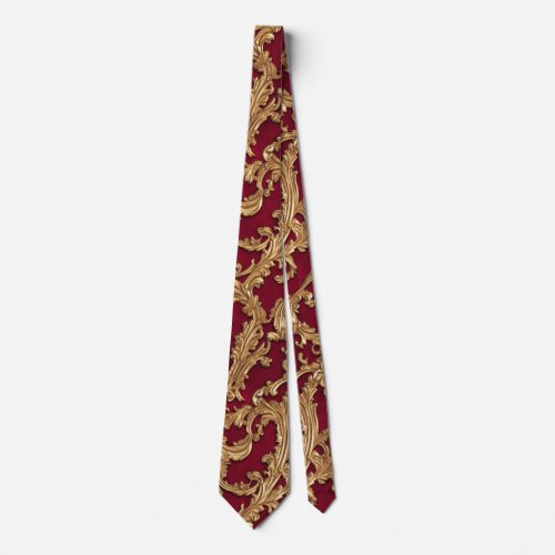 Ornate Baroque Golden Floral Damask Red Velvet Neck Tie