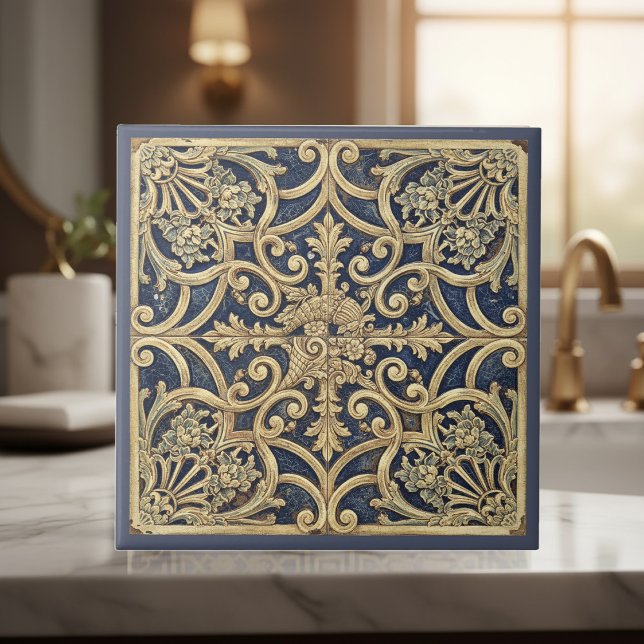 Ornate Baroque Pattern Pat#2 Blue Gold ID1195 Ceramic Tile (Creator Uploaded)