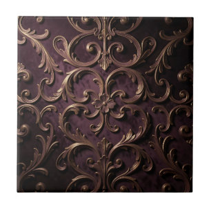 Ornate Baroque Scroll Pattern Deep Purple Gold Ceramic Tile