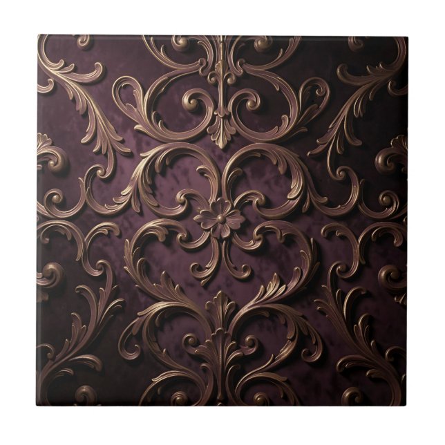 Ornate Baroque Scroll Pattern Deep Purple Gold Ceramic Tile (Front)