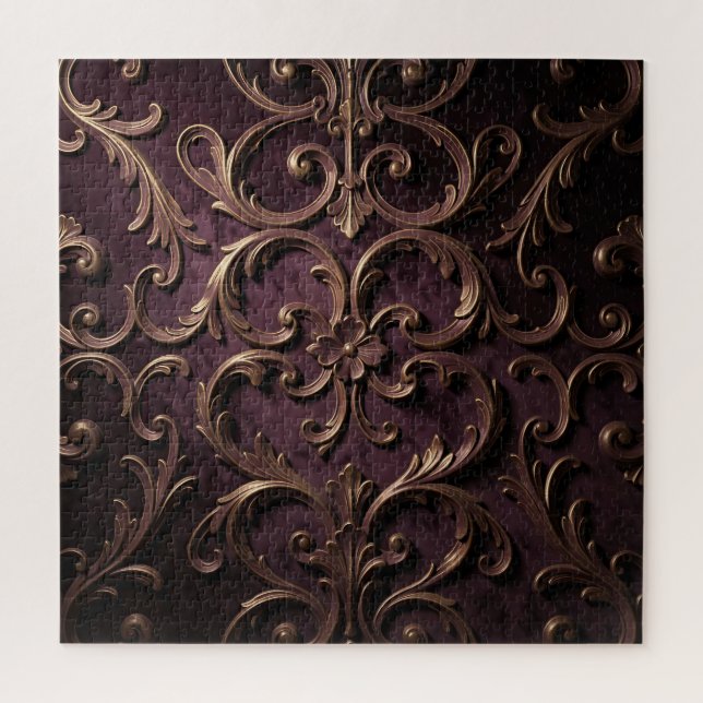 Ornate Baroque Scroll Pattern Deep Purple Gold Jigsaw Puzzle (Vertical)