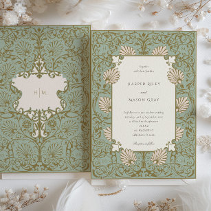 Ornate Baroque Style Sage Beige Wedding Invitation
