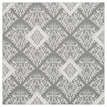 ornate baroque white gray Damask Fabric