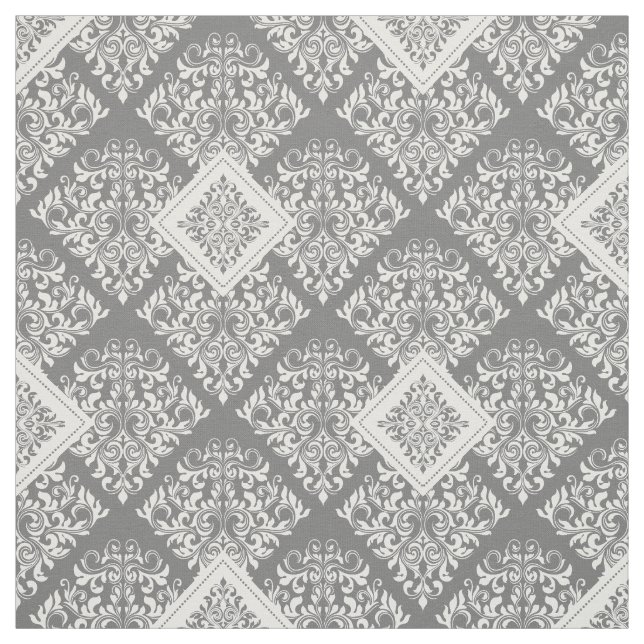 ornate baroque white gray Damask Fabric (Swatch)