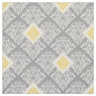 ornate baroque yellow gray Damask Fabric