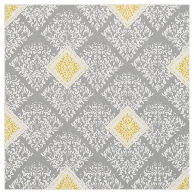 ornate baroque yellow gray Damask Fabric (Swatch)