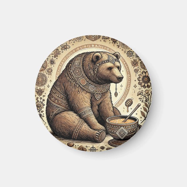 Ornate Bear Surrounded by Mandala and Honey  Magnet (Front)