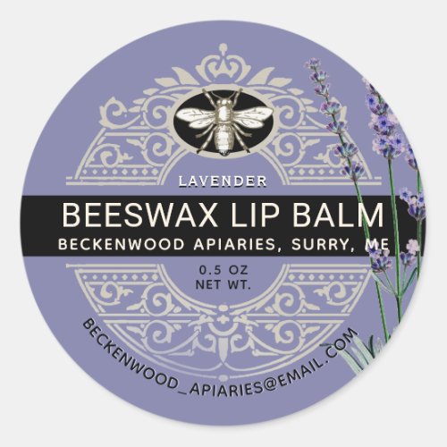 Ornate Beeswax Lip Balm Heraldic Bee Lavender Classic Round Sticker