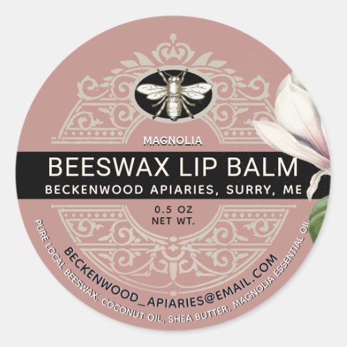 Ornate Beeswax Lip Balm Heraldic Bee Magnolia Classic Round Sticker