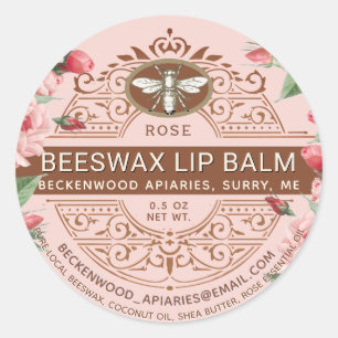 Ornate Beeswax Lip Balm Heraldic Bee Rose Classic Round Sticker