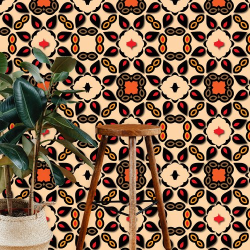 Ornate Beige Red Black Floral Geometric Pattern Wallpaper