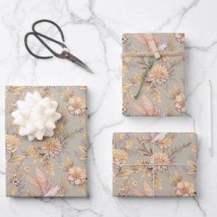 Ornate Bird Floral Pattern Wrapping Paper Sheets