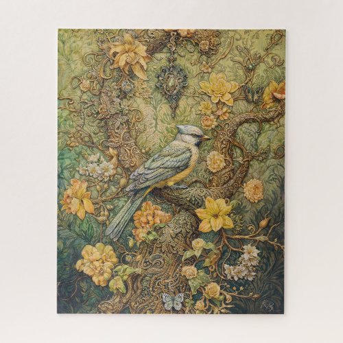 Ornate bird with golden floral and victorian deco jigsaw puzzle