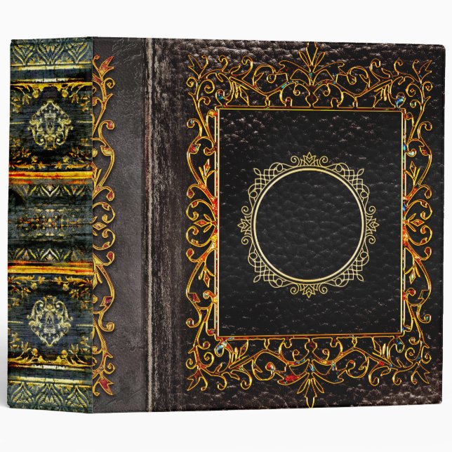 Ornate Black and Fiery Gold Bejeweled 3 Ring Binder (Front/Spine)