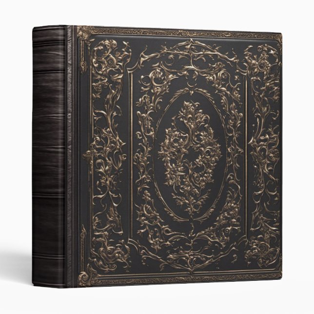 Ornate Black and Gold Leather Book of Shadows 3 Ring Binder (Front/Spine)