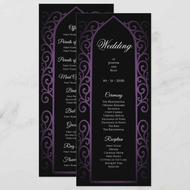 Ornate black and purple Gothic Wedding Program (Front/Back)